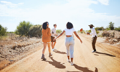 Freedom, countryside and friends walking on adventure in summer, bonding on dirt road in nature....