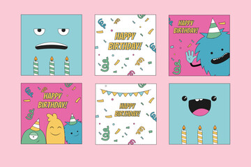 Set of beautiful birthday invitation cards decorated with colorful candles and there is a cute teddy bear on a pink background.