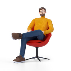 Modern businessman sitting on a red chair, 3d cartoon illustration