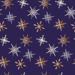 Seamless pattern with golden and silver snowflakes. Concept graphic design element. Background for packaging and any design.