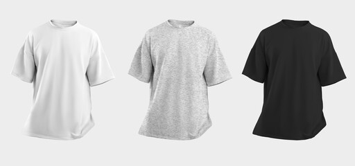 Mockup of a white, black and heather oversized t-shirt, with a round neck, 3D rendering, close-up, clothes for women, men, isolated on background.