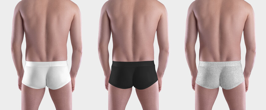 Template of white, black and heather  brief trunks on a sports body, isolated on the background in the studio.