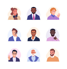 Collection of male avatars. Vector cartoon illustration of portraits of diverse smiling businessmen and office employees of different ages and ethnicities. Isolated on white