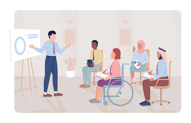 Work presentation 2D vector isolated illustration. Workplace meeting flat characters on cartoon background. Discussion with colleagues colourful editable scene for mobile, website, presentation