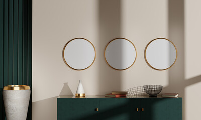 Mockup of three round paintings, a poster with a gold frame on a wall in an interior with green furniture,