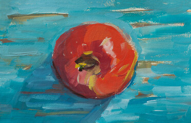 Red apple gouache drawing. Ripe red apples lie on a bright blue background. Author's modern painting. Illustrations for books, sketchbooks, albums of creativity. Bright realistic postcard for design