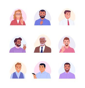 Collection Of Male Avatars. Vector Cartoon Illustration Of Portraits Of Diverse Smiling Businessmen And Office Employees Of Different Ages And Ethnicities. Isolated On White