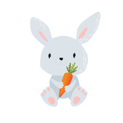 Cute  rabbit with a carrot. Cartoon bunny. Funny cartoon animal. Farm animal. A simple illustration of a rabbit. Easter Bunny