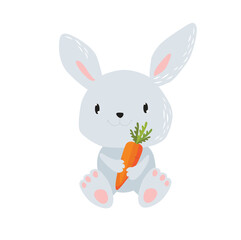 Cute vector rabbit with a carrot. Cartoon bunny. Funny cartoon animal. Farm animal. A simple illustration of a rabbit. Easter Bunny