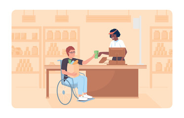 Disabled person shopping 2D vector isolated illustration. Buying groceries flat characters on cartoon background. Daily routine colourful editable scene for mobile, website, presentation