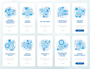 Fototapeta na wymiar Brand longevity and quality blue onboarding mobile app screen set. Walkthrough 5 steps editable graphic instructions with linear concepts. UI, UX, GUI template. Myriad Pro-Bold, Regular fonts used