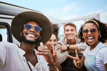 Travel, adventure and selfie with friends celebrating freedom and showing hand peace sign outdoors. Diversity, nature and fun with happy men and women on a road trip, bonding and enjoying vacation