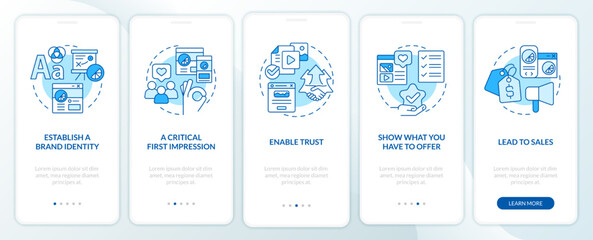 Website quality importance blue onboarding mobile app screen. Brand walkthrough 5 steps editable graphic instructions with linear concepts. UI, UX, GUI template. Myriad Pro-Bold, Regular fonts used - obrazy, fototapety, plakaty