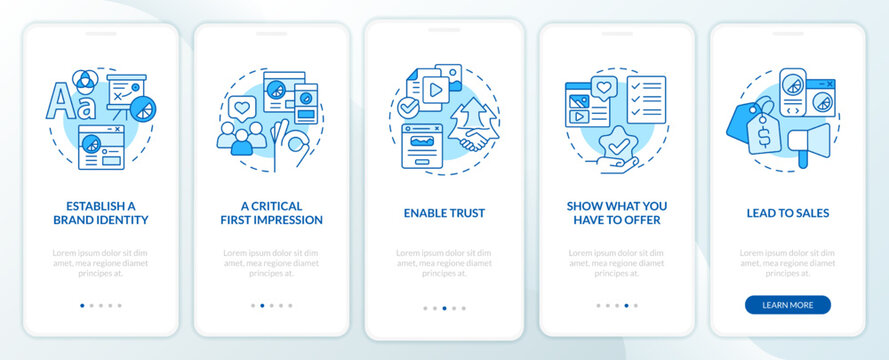 Website quality importance blue onboarding mobile app screen. Brand walkthrough 5 steps editable graphic instructions with linear concepts. UI, UX, GUI template. Myriad Pro-Bold, Regular fonts used