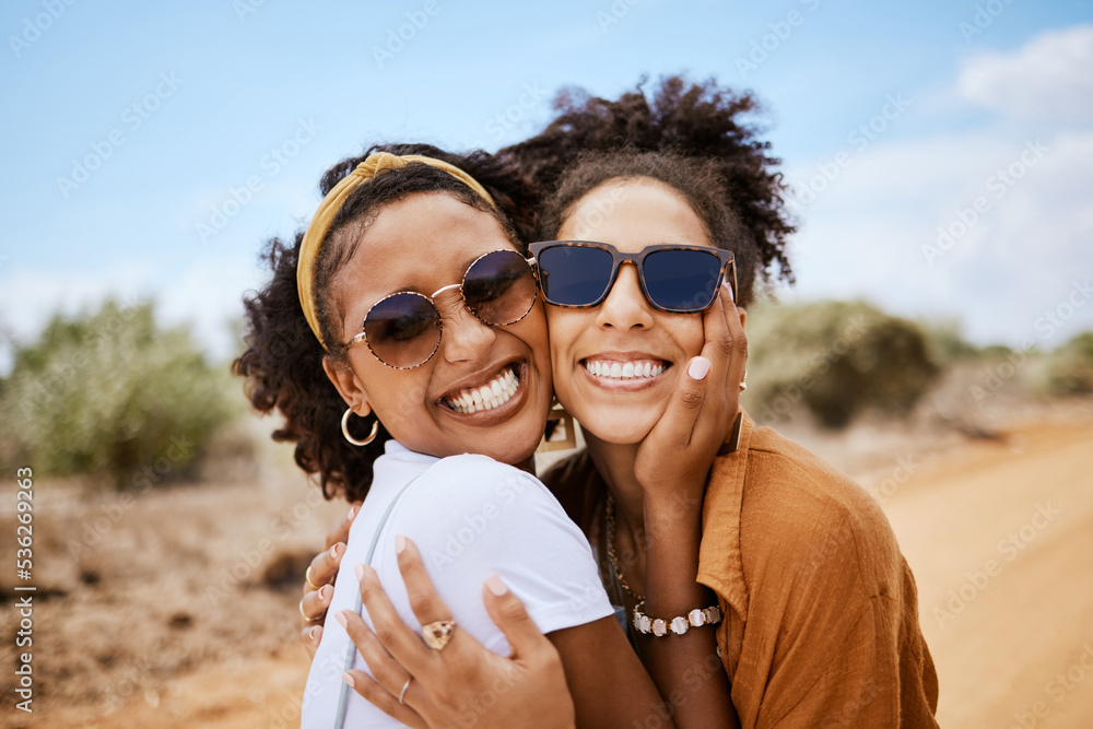 Canvas Prints Couple travel portrait, Dubai desert with summer sunglasses or care free tourism road trip together. Happy black women friends in outdoor vacation, smile on faces in natural sandy street on adventure