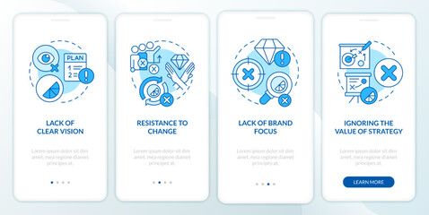 Brand longevity challenges blue onboarding mobile app screen. Walkthrough 4 steps editable graphic instructions with linear concepts. UI, UX, GUI template. Myriad Pro-Bold, Regular fonts used