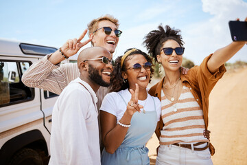Travel, friends and peace selfie on smartphone for South African safari bonding memory together. Holiday people in diverse friendship capture memories on road adventure with mobile photograph.