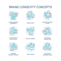 Brand longevity and service quality turquoise concept icons set. Business development idea thin line color illustrations. Isolated symbols. Editable stroke. Roboto-Medium, Myriad Pro-Bold fonts used
