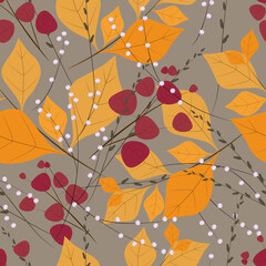 Interweaving of autumn branches. Yellow and red leaves and pink berries on a brown background. Seamless vector pattern.