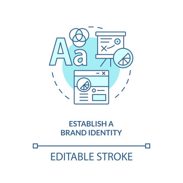 Establish Brand Identity Turquoise Concept Icon. Website Quality Importance Abstract Idea Thin Line Illustration. Isolated Outline Drawing. Editable Stroke. Arial, Myriad Pro-Bold Fonts Used