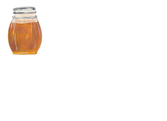 Honey jar gouache illustration isolated on white background.  Scrapbook design element, opague watercolor clipart. Hand painted food.