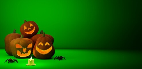 3D illustration, image of halloween pumpkins, spiders, candles, green background, 3D rendering.
