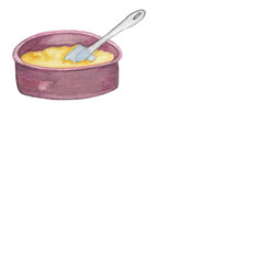 Dough in baking form watercolor and pencil illustration. Baking design element Hand painted food png clipart. Bakery, cafe, restaurant menu element. Recipe book, cooking book graphics. 