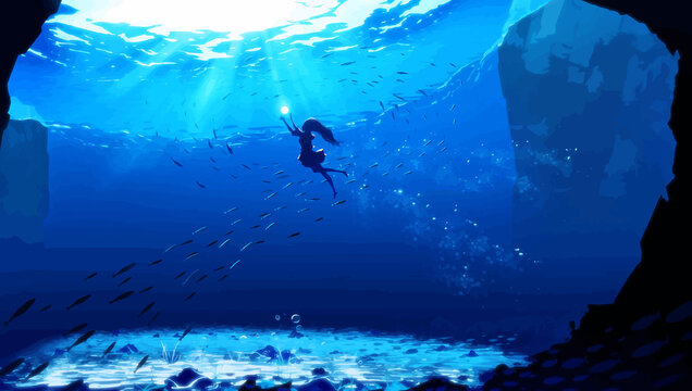 girl diving in sea anime digital art illustration painting wallpaper