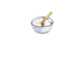 Fototapeta na wymiar Sugar in a bowl watercolor and pencil illustration. Baking design element Hand painted food png clipart. Bakery, cafe, restaurant menu element. Recipe book, cooking book graphics. 