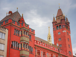 Buildings in the city centre of Basel , Switzerland. Basel City Hall is historical building of town hall decorated with paintings, in which authorities are located. Guided tours.