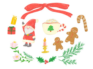 Christmas Dwarf Santa Claus and gingerbread man cute hand drawn illustration / クリスマス　小人サンタクロースとジンジャーブレッドマン かわいい手描きイラスト