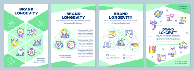 Brand longevity green brochure template. Marketing strategy. Leaflet design with linear icons. Editable 4 vector layouts for presentation, annual reports. Arial-Black, Myriad Pro-Regular fonts used