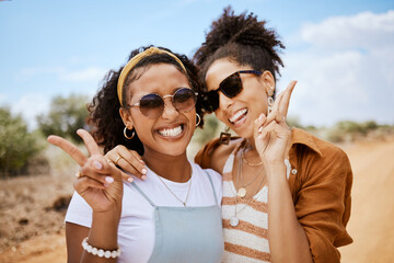 Nature, peace sign and friends with smile on holiday at safari together for travel during summer....