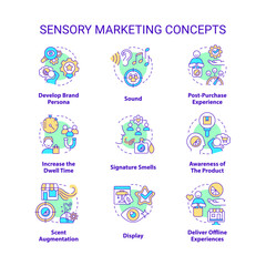 Sensory marketing concept icons set. Appealing to customer senses idea thin line color illustrations. Brand development. Isolated symbols. Editable stroke. Roboto-Medium, Myriad Pro-Bold fonts used