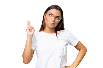 Young beautiful brunette woman over isolated background