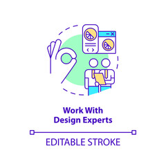 Work with design experts concept icon. Sensory branding strategy abstract idea thin line illustration. Consultation. Isolated outline drawing. Editable stroke. Arial, Myriad Pro-Bold fonts used
