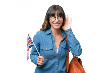 Young caucasian woman holding an United Kingdom flag over isolated background listening to something by putting hand on the ear