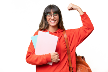 Young student caucasian woman over isolated background doing strong gesture