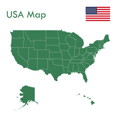 Map - A green US map with separate cities and territories.