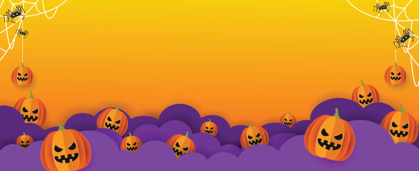 Halloween banner vector. Happy Halloween banner background with clouds, web and pumpkins in paper cut style. Orange background.
