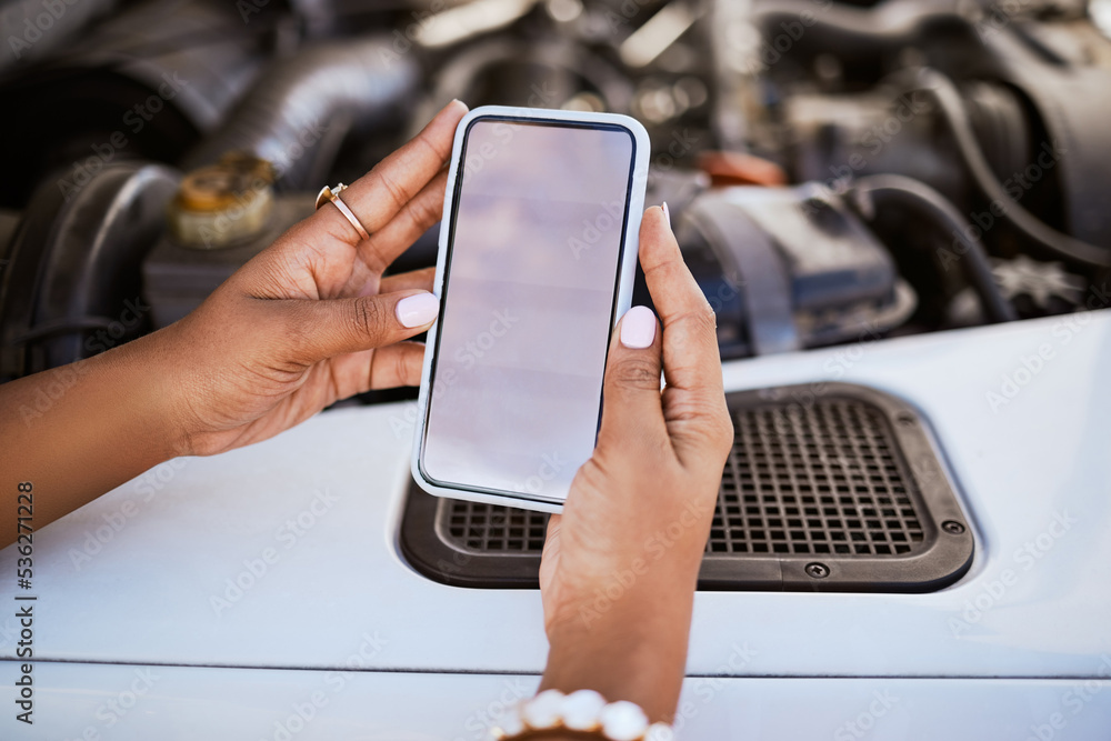 Aufkleber phone, mockup, with hand of black woman and communication and networking with car service for emerge