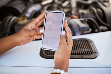 Phone, mockup, with hand of black woman and communication and networking with car service for emergency. Search mobile app, empty and smartphone 5g technology to contact us and with internet access.