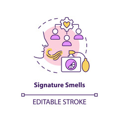 Signature smells concept icon. Ambient scent marketing type abstract idea thin line illustration. Easy recognizable aroma. Isolated outline drawing. Editable stroke. Arial, Myriad Pro-Bold fonts used