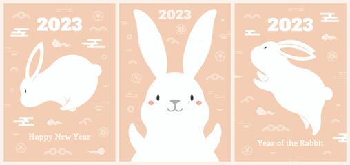 2023 Chinese, Lunar New Year kawaii rabbits poster, banner collection with flowers, clouds, abstract elements, typography. Cute zodiac sign. Holiday card design. Vector illustration. Flat style.