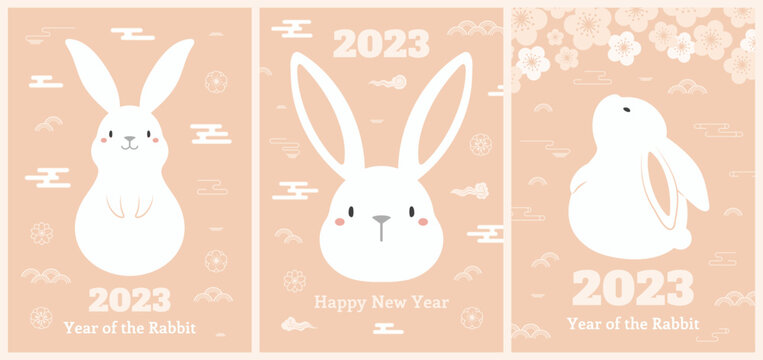 2023 Chinese, Lunar New Year kawaii rabbits poster, banner collection with flowers, clouds, abstract elements, typography. Cute zodiac sign. Holiday card design. Vector illustration. Flat style.