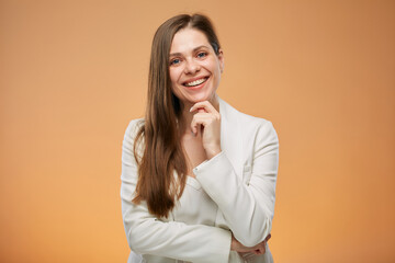 Thinking smiling business woman in white suit isolated portrait on yellow background.