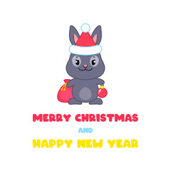 Merry Christmas and Happy New Year card template with cute bunny. Illustration of a little black rabbit dressed Santa costume on a white background. Vector 10 EPS.

