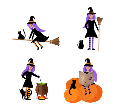 A set of plots of a little witch with a black cat. Vector illustration of Halloween, a girl in a witch costume sits on a pumpkin, flies on a broom, cooks a potion in a cauldron.