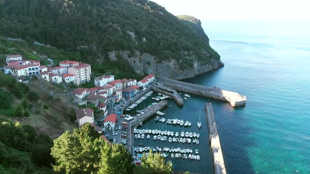 Revealing shot of Elantxobe and its stuning small harbour at the Bizkaia coast