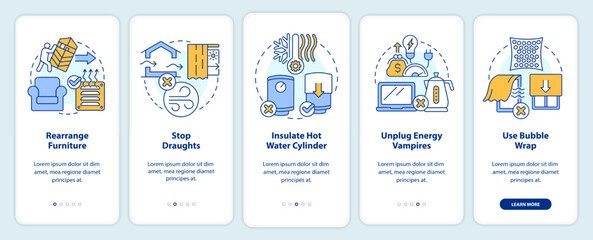 Lowering heating costs in winter tips onboarding mobile app screen. Walkthrough 5 steps editable graphic instructions with linear concepts. UI, UX, GUI template. Myriad Pro-Bold, Regular fonts used